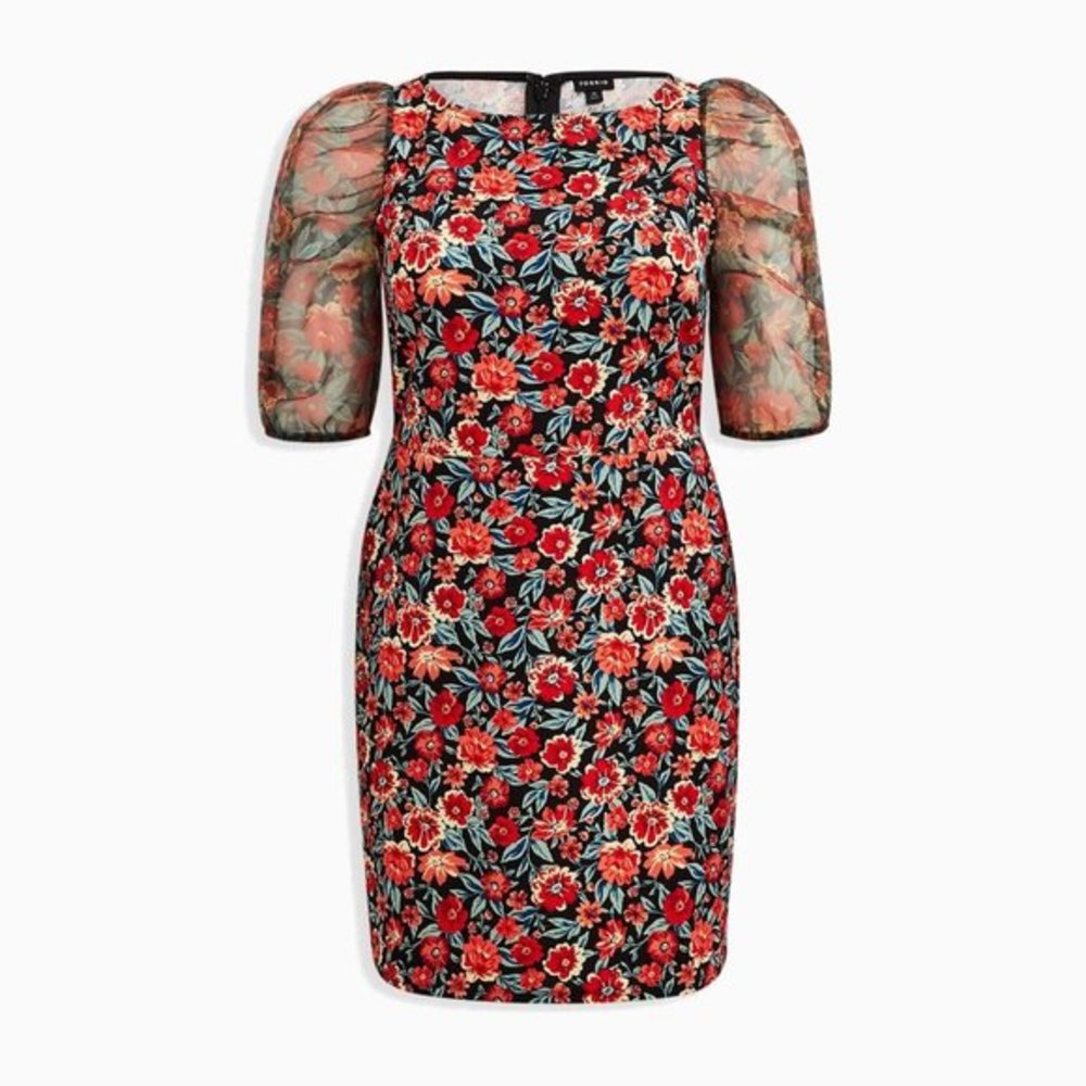 Torrid Mini Scuba Crepe & Organza Puff Sleeve Dress in Floral Black 24 NWT